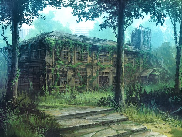Anime picture 1024x768 with ma furu yoru no rin game cg no people landscape plant (plants) tree (trees) grass house