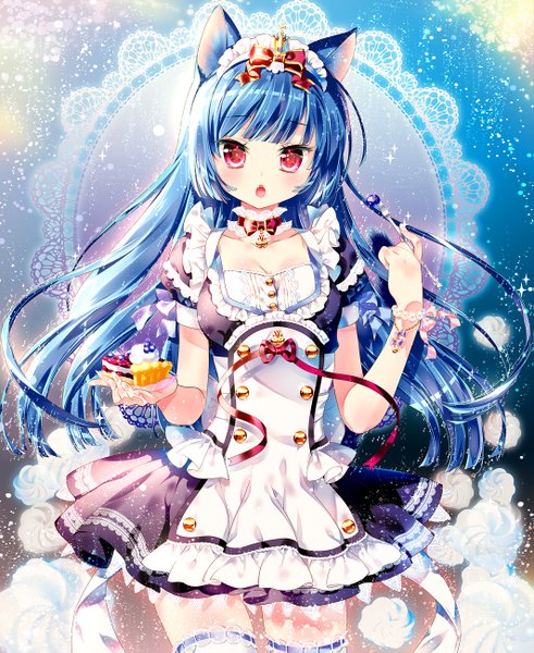 Anime picture 1063x1299 with original kamiya maneki single long hair tall image looking at viewer blush open mouth red eyes animal ears blue hair maid girl dress uniform food headdress sweets maid headdress cake