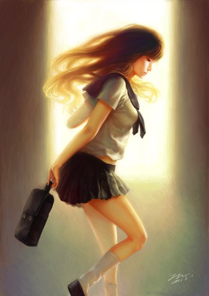 Anime picture 1754x2481 with original zhoujialin single long hair tall image fringe highres breasts brown hair holding signed eyes closed profile pleated skirt inscription legs girl skirt uniform school uniform