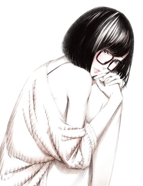 Anime picture 1000x1296 with original sousou (sousouworks) single tall image looking at viewer blush short hair open mouth black hair simple background white background sitting bare shoulders brown eyes off shoulder monochrome hands clasped girl glasses sweater
