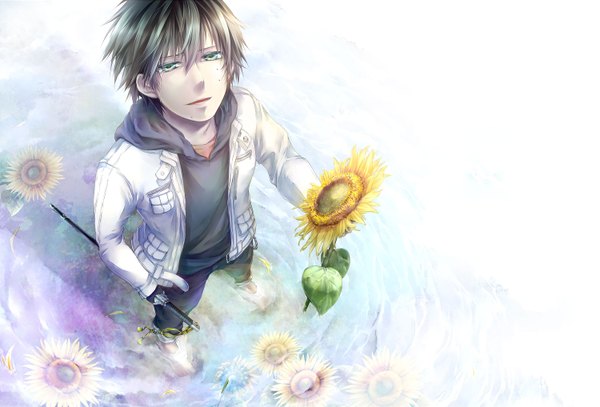 Anime picture 1500x1018 with ao no exorcist a-1 pictures okumura yukio kiriya (ahoka030) single short hair white background green eyes tears looking up boy flower (flowers) weapon sword water jacket pants sunflower