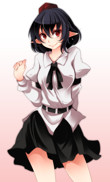 Anime picture 1515x2500 with touhou shameimaru aya s-syogo single tall image looking at viewer short hair black hair smile red eyes white background pointy ears girl dress hat