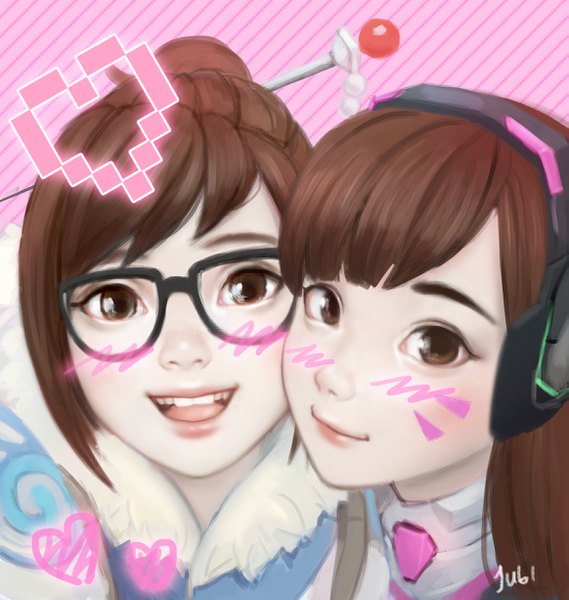 Anime picture 2326x2452 with overwatch blizzard entertainment d.va (overwatch) mei (overwatch) jubi (regiana) long hair tall image looking at viewer blush fringe highres short hair open mouth simple background brown hair multiple girls brown eyes signed blunt bangs :d