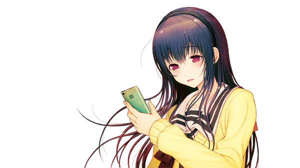 Anime picture 2048x1152 with kimi to kanojo to kanojo no koi nitroplus sone miyuki single long hair blush highres open mouth wide image purple eyes game cg purple hair transparent background girl uniform hair ornament ribbon (ribbons) school uniform headband phone