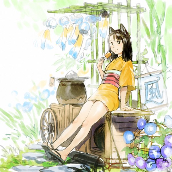 Anime picture 1240x1240 with original kaisen single long hair looking at viewer fringe black hair holding animal ears full body traditional clothes japanese clothes light smile black eyes wide sleeves arm support legs girl flower (flowers) plant (plants)