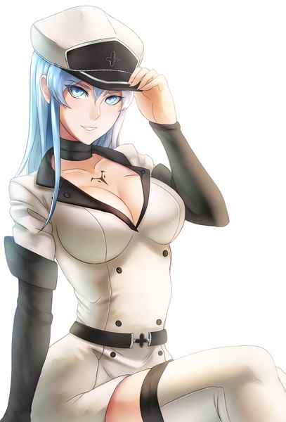 Anime picture 2034x3000 with akame ga kill! white fox esdeath ushio (starchild720) single long hair tall image looking at viewer highres blue eyes smile white background blue hair cleavage girl thigh boots peaked cap