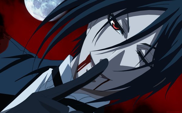 Anime picture 1440x900 with kuroshitsuji a-1 pictures sebastian michaelis headstro short hair smile wide image one eye closed wink finger to mouth portrait face red background boy gloves moon blood