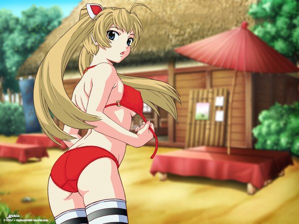 Anime picture 1280x960 with magikano mamiya ayumi light erotic blonde hair ahoge girl thighhighs swimsuit house beach umbrella