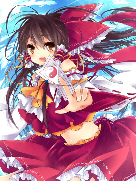 Anime picture 1200x1600 with touhou hakurei reimu leeannpippisum single long hair tall image looking at viewer open mouth black hair brown eyes midriff girl navel bow hair bow detached sleeves ofuda