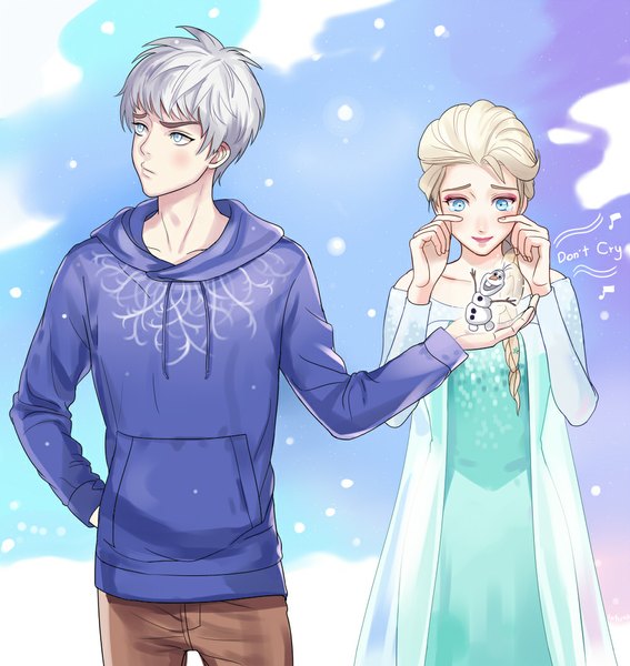 Anime picture 1000x1058 with frozen (disney) rise of the guardians disney dreamworks elsa (frozen) jack frost (rise of the guardians) long hair tall image blush fringe short hair blue eyes blonde hair smile bare shoulders looking away braid (braids) grey hair tears single braid