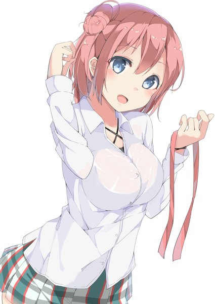 Anime picture 600x847 with yahari ore no seishun love comedy wa machigatteiru. brains base (studio) yuigahama yui chikuwa. single tall image looking at viewer blush fringe short hair breasts open mouth blue eyes simple background hair between eyes large breasts standing white background pink hair ahoge