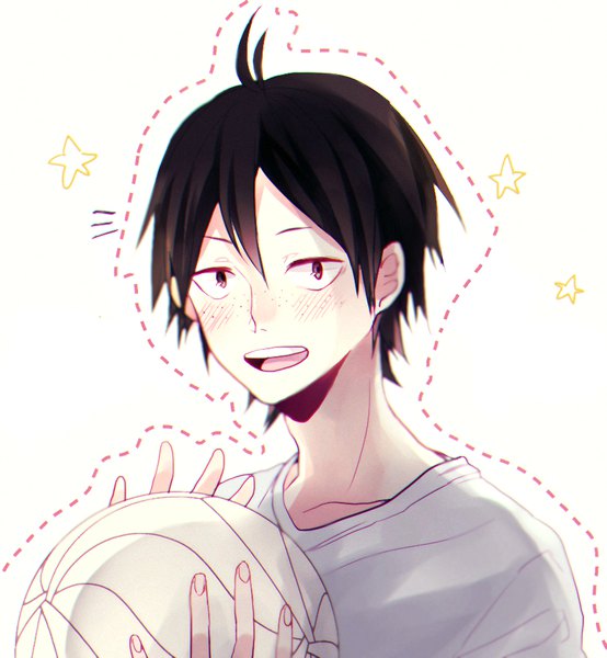 Anime picture 871x943 with haikyuu!! production i.g yamaguchi tadashi tsubaki single tall image looking at viewer short hair open mouth black hair simple background white background purple eyes upper body ahoge teeth freckles dotted line boy star (symbol)
