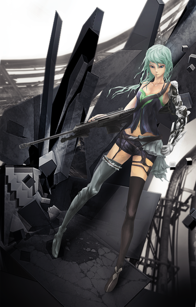 Anime picture 1277x2000 with original cabulb (artist) single long hair tall image short hair blue eyes signed green hair mechanical parts girl thighhighs weapon shorts short shorts blouse