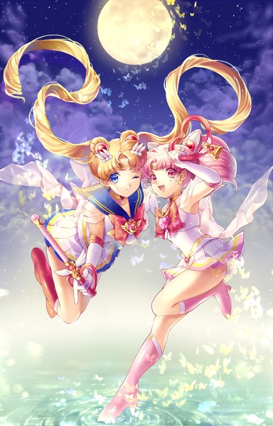 Anime picture 800x1250 with bishoujo senshi sailor moon toei animation tsukino usagi sailor moon chibiusa sailor chibi moon super sailor moon momoshiki tsubaki long hair tall image open mouth blue eyes blonde hair red eyes twintails multiple girls pink hair one eye closed wink night