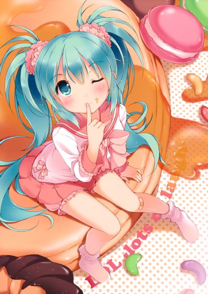 Anime picture 2475x3500 with vocaloid lol -lots of laugh- (vocaloid) hatsune miku pan (mimi) single long hair tall image blush highres sitting twintails one eye closed barefoot aqua eyes light smile from above wink aqua hair inscription no shoes