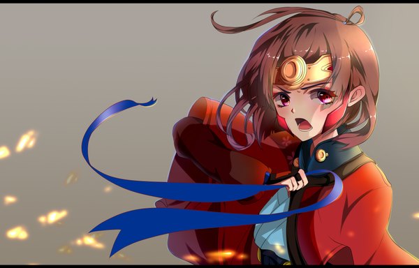 Anime picture 3875x2480 with koutetsujou no kabaneri wit studio mumei (kabaneri) xinshijie de akalin single looking at viewer blush highres short hair open mouth red eyes brown hair absurdres grey background letterboxed girl hair ornament ribbon (ribbons)
