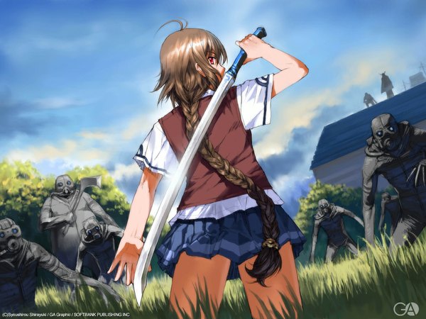 Anime picture 1024x768 with gagraphic shirayuki shoushirou long hair red eyes brown hair signed sky cloud (clouds) ahoge outdoors braid (braids) looking back from behind copyright name single braid girl skirt weapon plant (plants) miniskirt