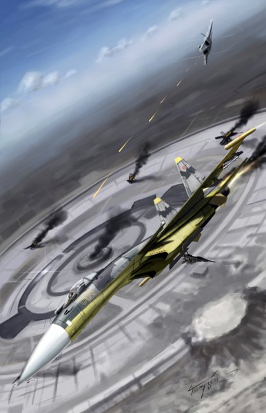 Anime picture 1611x2500 with ace combat thompson tall image signed sky cloud (clouds) smoke flying battle war pilot weapon airplane jet