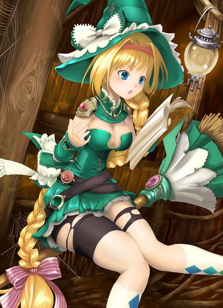 Anime picture 1200x1655 with original amajita single long hair tall image blue eyes blonde hair braid (braids) witch girl bow hair bow hat book (books) witch hat