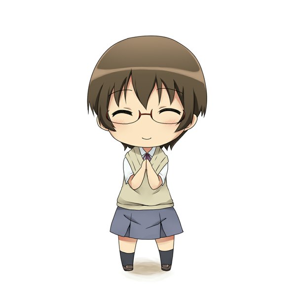 Anime picture 1000x1000 with ore no imouto ga konna ni kawaii wake ga nai tamura manami sudachi (calendar) single blush short hair simple background smile brown hair white background eyes closed chibi girl uniform school uniform glasses