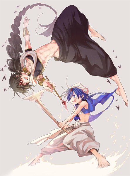 Anime picture 800x1080 with magi the labyrinth of magic a-1 pictures judal aladdin (magi) nair tall image fringe open mouth blue eyes black hair red eyes blue hair bent knee (knees) very long hair barefoot multiple boys groin muscle eye contact fighting stance