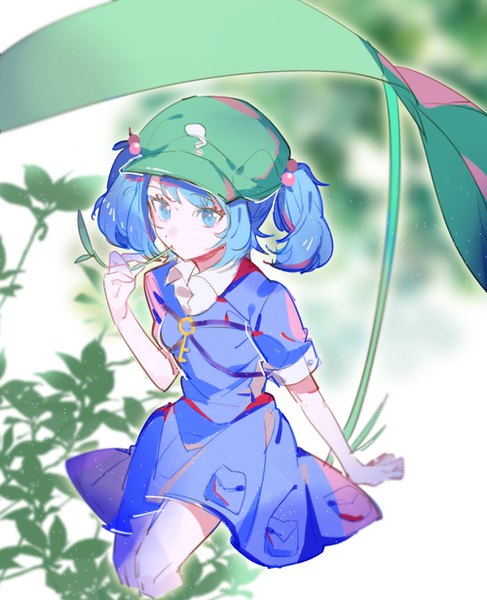 Anime picture 1000x1230 with touhou kawashiro nitori aibivy single tall image short hair blue eyes twintails blue hair looking away from above short twintails girl dress hat blue dress flat cap hair bobbles key