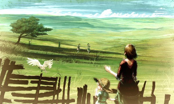 Anime picture 3333x2000 with original kio naoki (artist) highres short hair black hair brown hair wide image absurdres sky cloud (clouds) white hair profile pointy ears from behind black eyes back landscape field girl dress