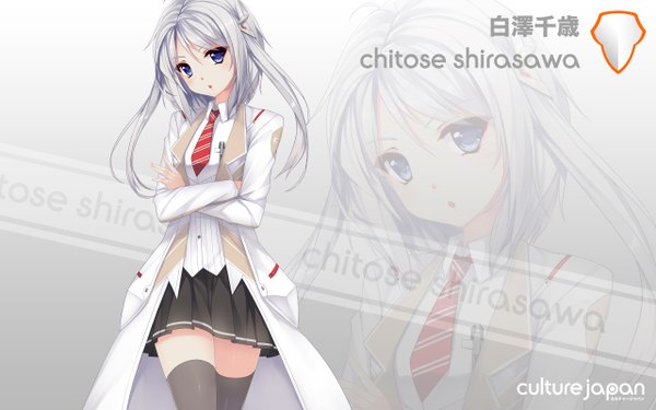 Anime picture 2560x1600 with mirai millenium shirasawa chitose caidychen single long hair looking at viewer highres blue eyes wide image silver hair zoom layer girl thighhighs skirt black thighhighs miniskirt necktie