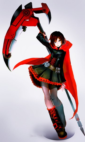 Anime picture 900x1500 with rwby rooster teeth ruby rose so-bin tall image short hair open mouth blue eyes simple background brown hair girl dress flower (flowers) weapon belt cloak scythe