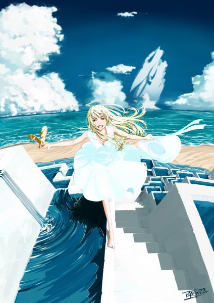 Anime picture 1753x2480 with original chitose shuusui (artist) long hair tall image highres blonde hair smile green eyes cloud (clouds) ahoge barefoot spread arms girl hat water sundress sandals