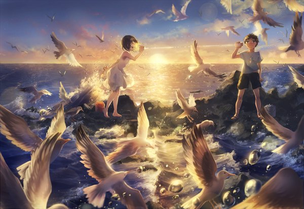 Anime picture 1005x695 with original domik blush fringe highres short hair open mouth brown hair standing bare shoulders holding looking away sky cloud (clouds) eyes closed :d barefoot sunlight bare legs short sleeves