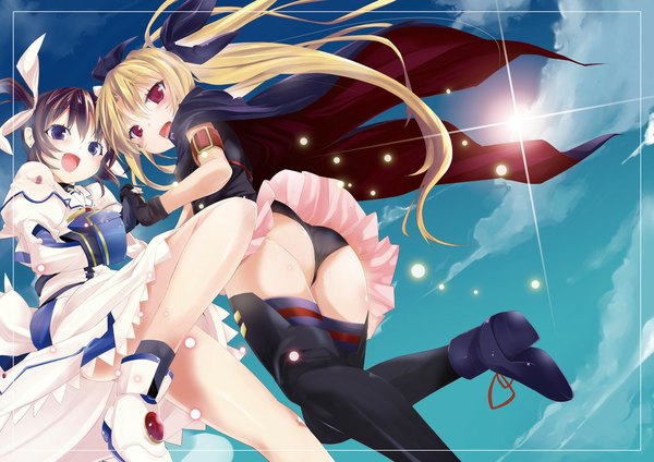 Anime picture 1132x800 with mahou shoujo lyrical nanoha fate testarossa takamachi nanoha nio (artist) long hair open mouth light erotic black hair blonde hair red eyes purple eyes twintails multiple girls sky cloud (clouds) holding hands girl gloves underwear panties