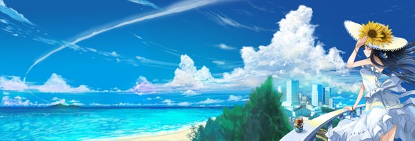 Anime picture 2529x865 with original kanipanda single long hair highres blue eyes black hair wide image sky cloud (clouds) profile beach horizon girl flower (flowers) hat sea sundress