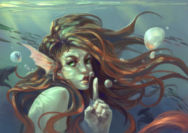 Anime picture 3508x2480 with original 32106fu single long hair looking at viewer highres brown hair green eyes absurdres lips lipstick eyebrows underwater red lipstick girl bubble (bubbles) mermaid