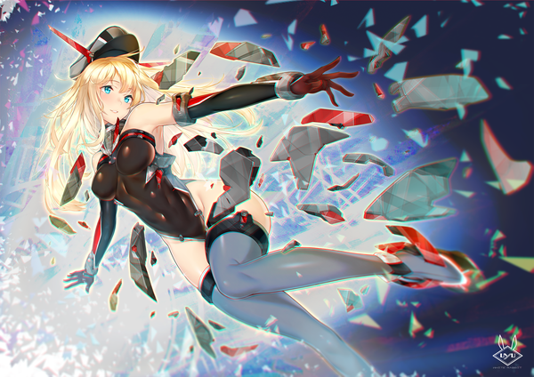 Anime picture 2121x1500 with kantai collection bismarck battleship uyu (keyakinoki) single long hair blush fringe highres breasts open mouth blue eyes light erotic blonde hair smile bare shoulders signed looking away bent knee (knees) parted lips floating hair