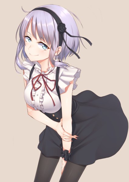 Anime picture 850x1200 with dagashi kashi feel (studio) shidare hotaru mikazuchi zeus single tall image looking at viewer short hair blue eyes smile silver hair girl dress pantyhose hairband