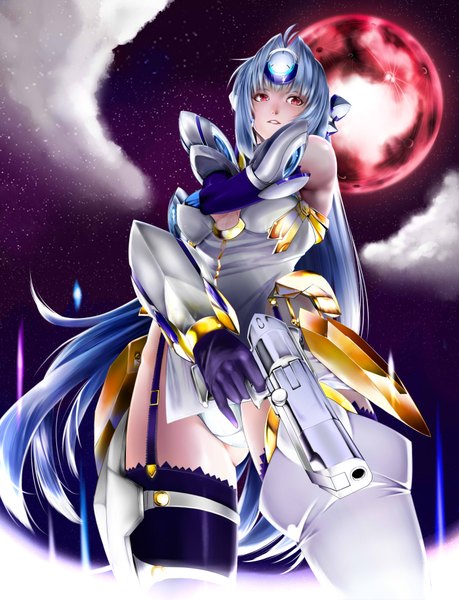 Anime picture 2800x3659 with xenosaga monolith software kos-mos kurihara09083303771 single long hair tall image highres red eyes blue hair red moon girl thighhighs gloves weapon elbow gloves gun