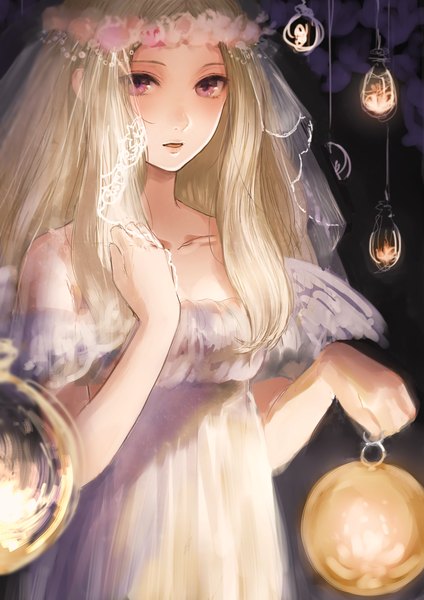 Anime picture 1273x1800 with original romiy single long hair tall image open mouth blonde hair purple eyes bare shoulders holding looking away girl dress wings white dress ball wedding veil wreath