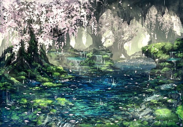 Anime picture 1000x697 with original pippi (pixiv 1922055) rain no people landscape river flower (flowers) plant (plants) petals tree (trees) water grass forest stone (stones) wisteria