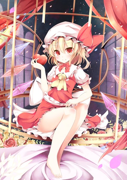 Anime picture 1505x2129 with touhou flandre scarlet aibumi single tall image looking at viewer blush short hair blonde hair red eyes sitting barefoot girl dress skirt flower (flowers) bow wings heart rose (roses)