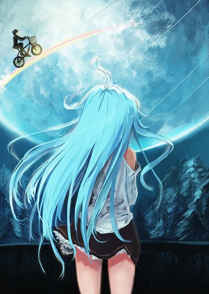 Anime picture 660x924 with denpa onna to seishun otoko shaft (studio) touwa erio niwa makoto dyong long hair tall image short hair black hair standing sitting bare shoulders holding blue hair upper body ahoge wind from behind bare legs back