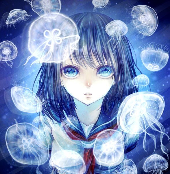 Anime picture 1181x1205 with original shio (blacksio) single tall image looking at viewer blush short hair open mouth blue eyes blue hair portrait face underwater girl uniform ribbon (ribbons) school uniform animal shirt water