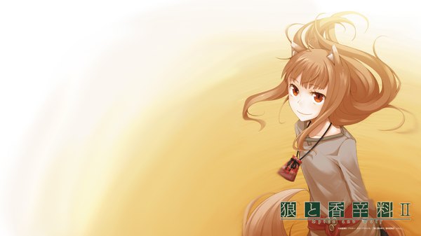 Anime picture 1920x1080 with spice and wolf horo single long hair highres simple background red eyes brown hair wide image animal ears tail wolf ears wolf tail wolf girl girl