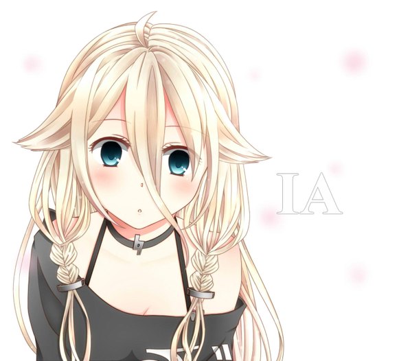 Anime picture 1500x1316 with vocaloid ia (vocaloid) yukina yotsuba single long hair blush fringe blue eyes blonde hair simple background white background bare shoulders braid (braids) :o twin braids girl hair ornament pendant