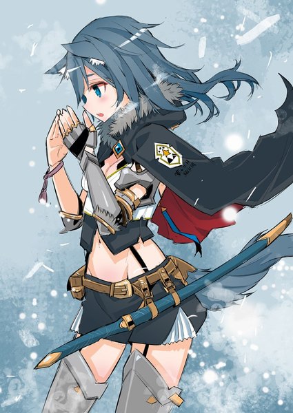 Anime picture 700x989 with original tajima ryuushi single tall image blush short hair open mouth animal ears blue hair looking away cleavage tail animal tail profile aqua eyes wind bare belly fur trim groin looking down