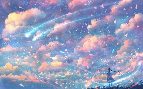 Anime picture 1152x720 with original bounin single long hair brown hair sky cloud (clouds) ponytail wind from behind sparkle shooting star girl thighhighs dress black thighhighs plant (plants) grass