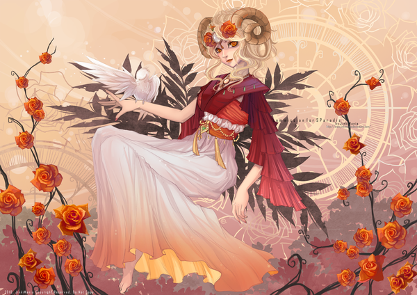 Anime picture 1754x1240 with original jinkimania (artist) single long hair highres blonde hair nail polish barefoot hair flower horn (horns) lips orange eyes girl hair ornament animal bird (birds) rose (roses)