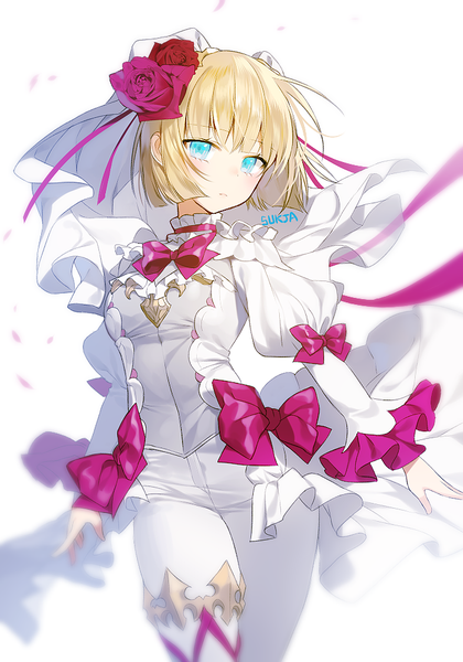 Anime picture 700x1000 with original sorolp single tall image looking at viewer blush fringe short hair blonde hair simple background white background signed blunt bangs aqua eyes girl flower (flowers) bow ribbon (ribbons) rose (roses) veil