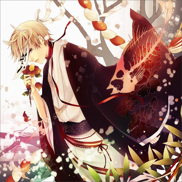 Anime picture 1000x1000 with natsume yuujinchou brains base (studio) natsume takashi domco single fringe short hair blonde hair green eyes traditional clothes japanese clothes horn (horns) from below bare tree boy hair ornament flower (flowers) ribbon (ribbons) plant (plants) hair ribbon