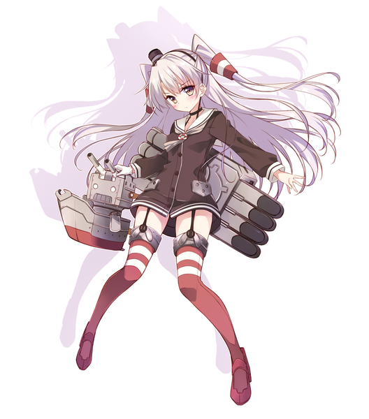 Anime picture 1078x1225 with kantai collection rensouhou-chan amatsukaze destroyer hayakawa harui long hair tall image looking at viewer blush simple background white background brown eyes silver hair two side up girl thighhighs dress hair ornament hat choker garter straps